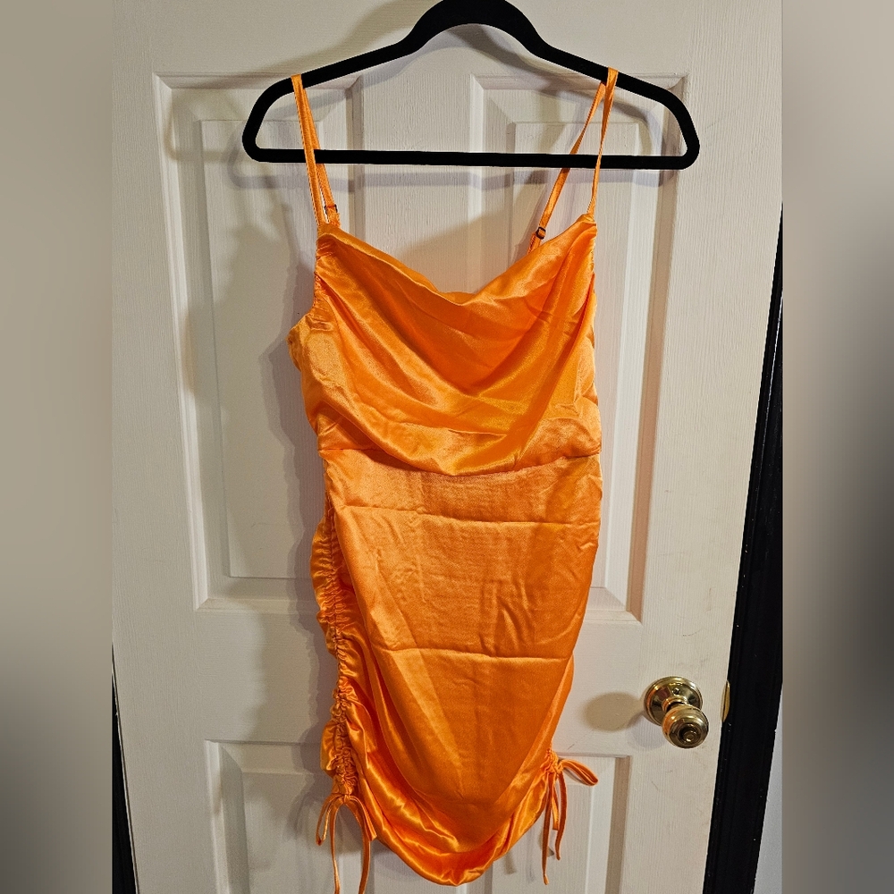 Wild Fable Women's Orange Satin Side Ruched Smocked Bodycon Mini Dress NWT Small